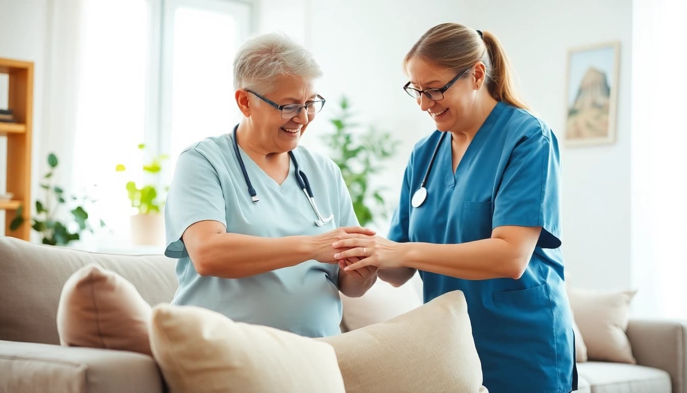 Care at home being provided by a professional caregiver to an elderly person in a warm living room.