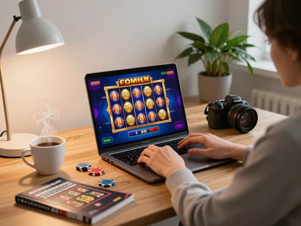 Engaging online gaming session at https://fc88.today with vibrant slot game displayed on laptop.