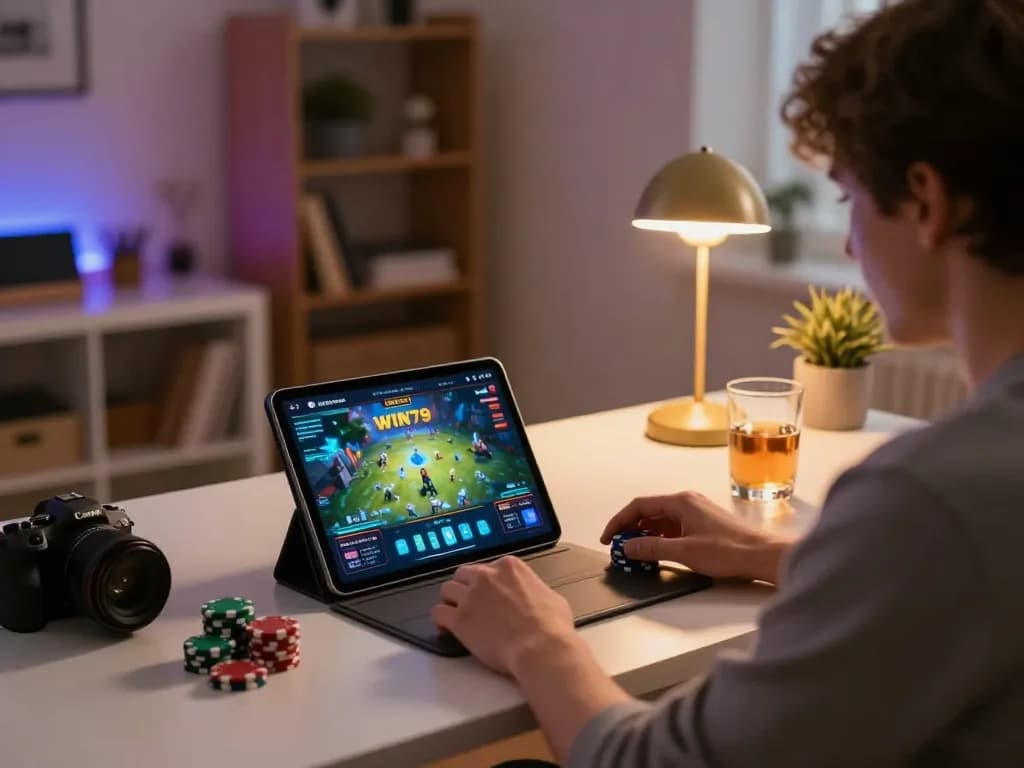 WIN79 app gameplay on a tablet in a cozy home office setup, enhancing player experience and engagement
