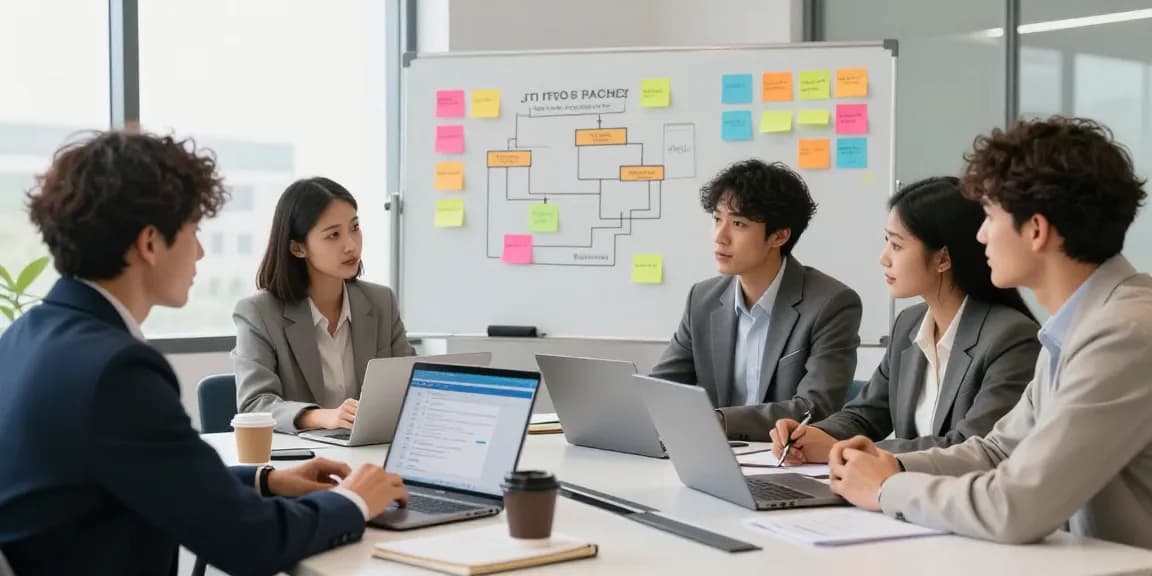 Team discussing the Official RTI Scheduler software in a modern office environment