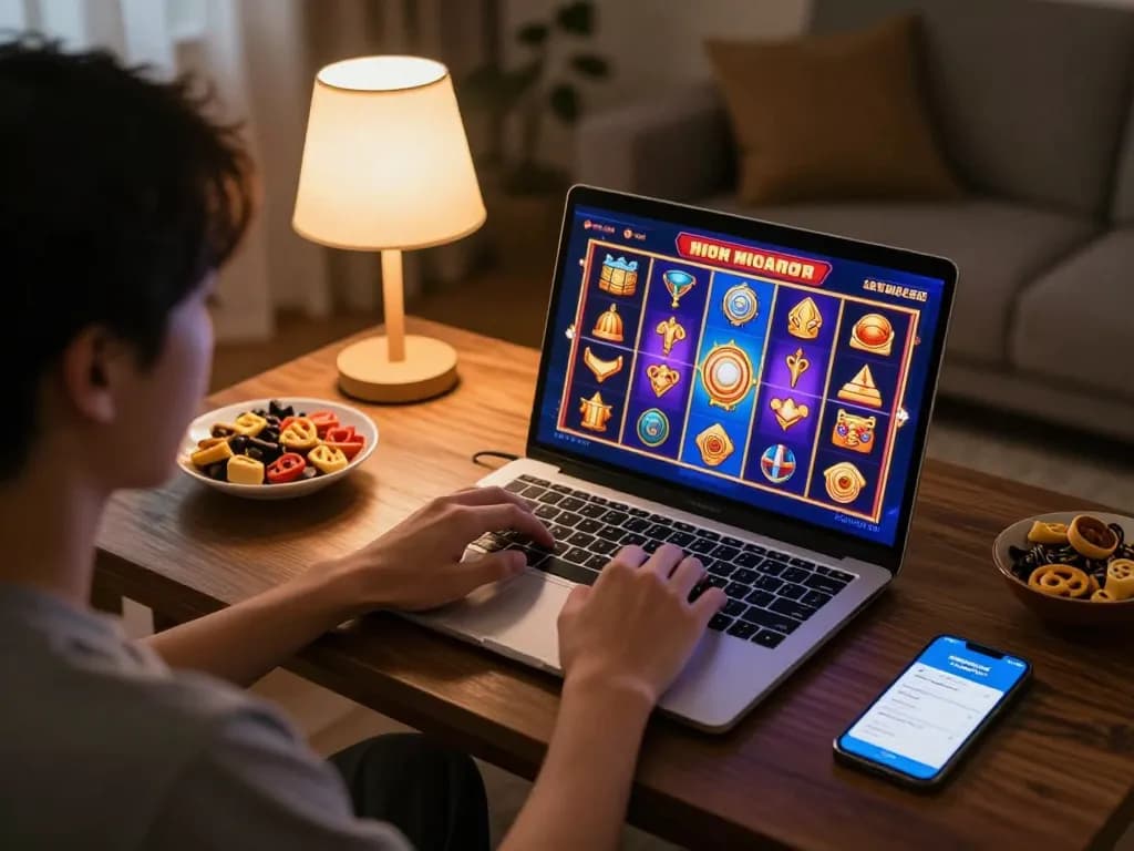 Engage in exciting online slots gameplay on f168biz.com from a cozy living room setup.