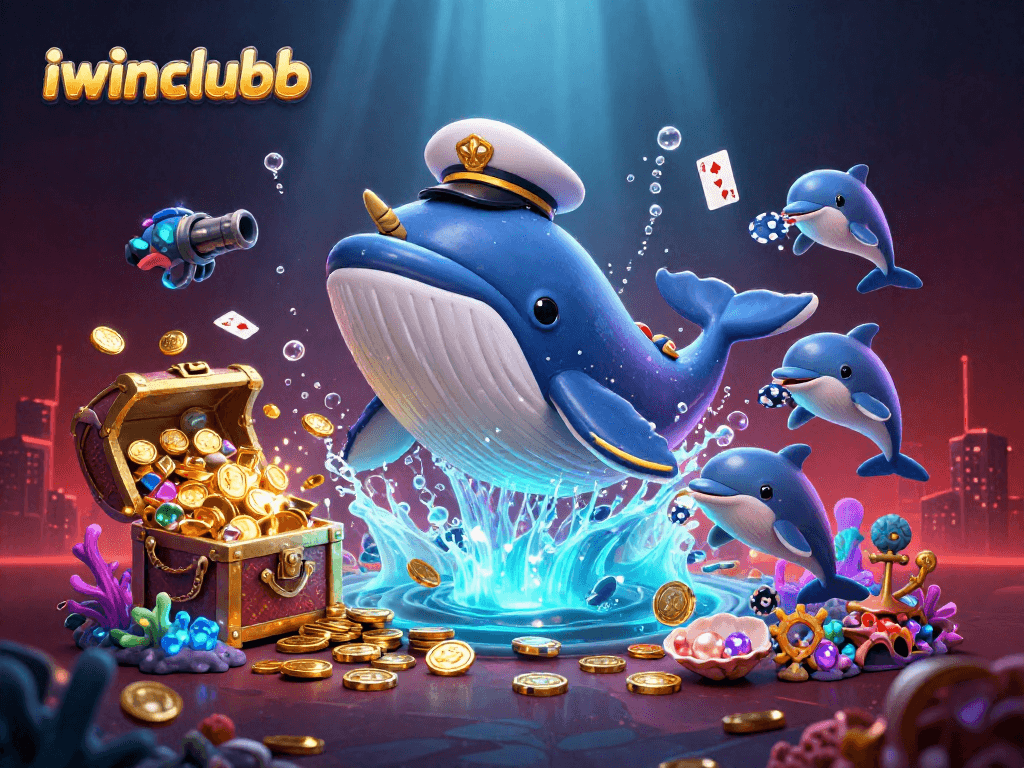 iwinclubb features a cartoon whale with poker chip dolphins in a vibrant casino underwater scene