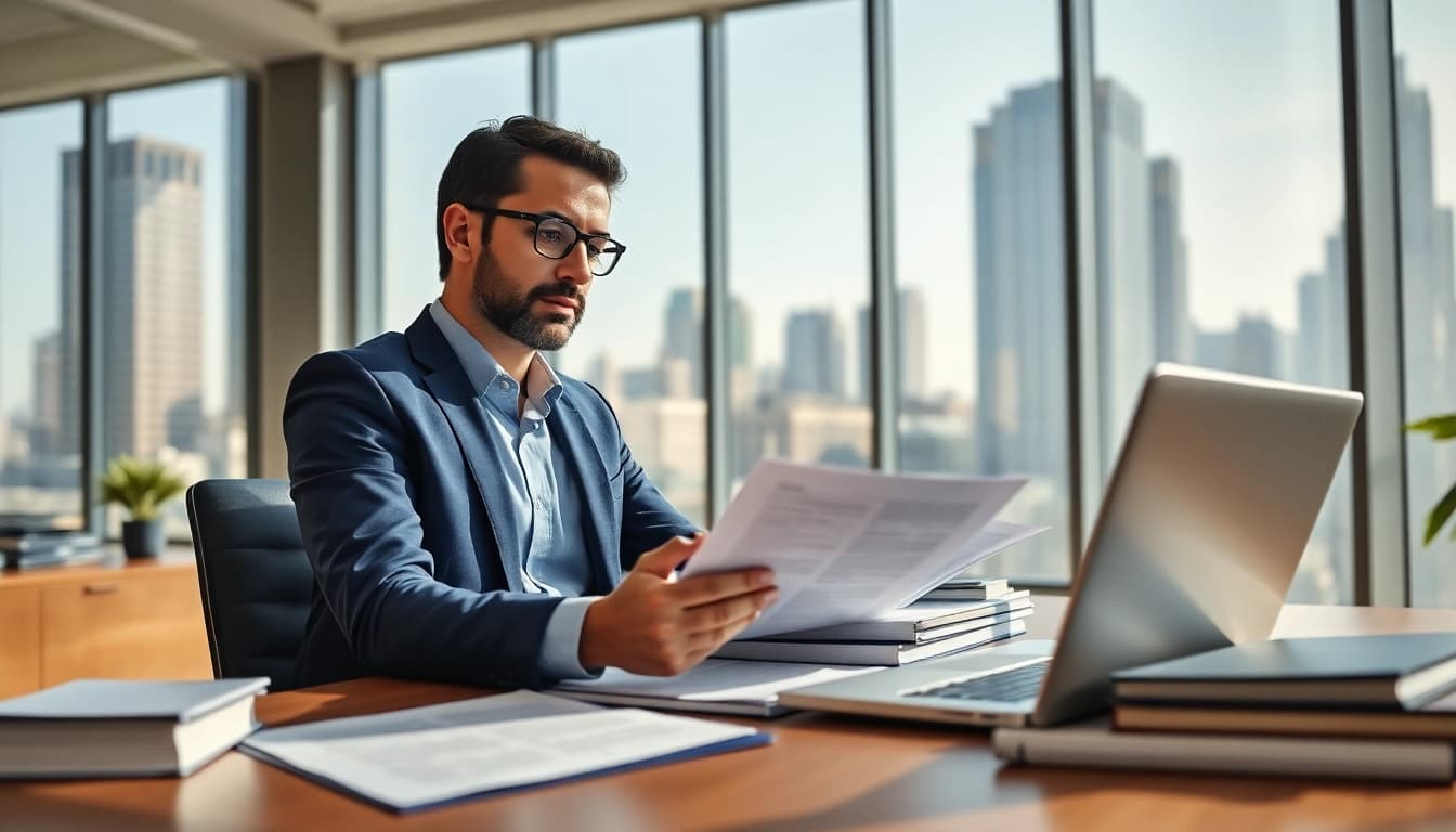 Consultant reviewing FCPA/DCAA/Flowdown/ITAR/EAR compliance documents in a bright office setting.