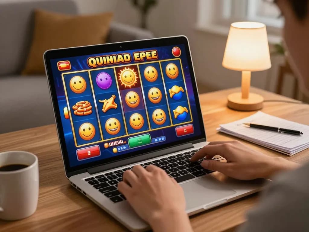 Engaging online slots gameplay at cm88, showcasing colorful reels and user interaction in a cozy setting