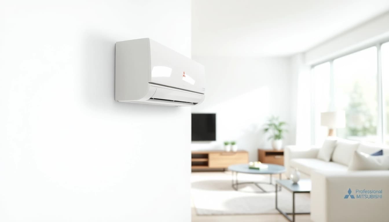 Mitsubishi mini split AC unit showcased in a stylish modern living room, highlighting its sleek design.