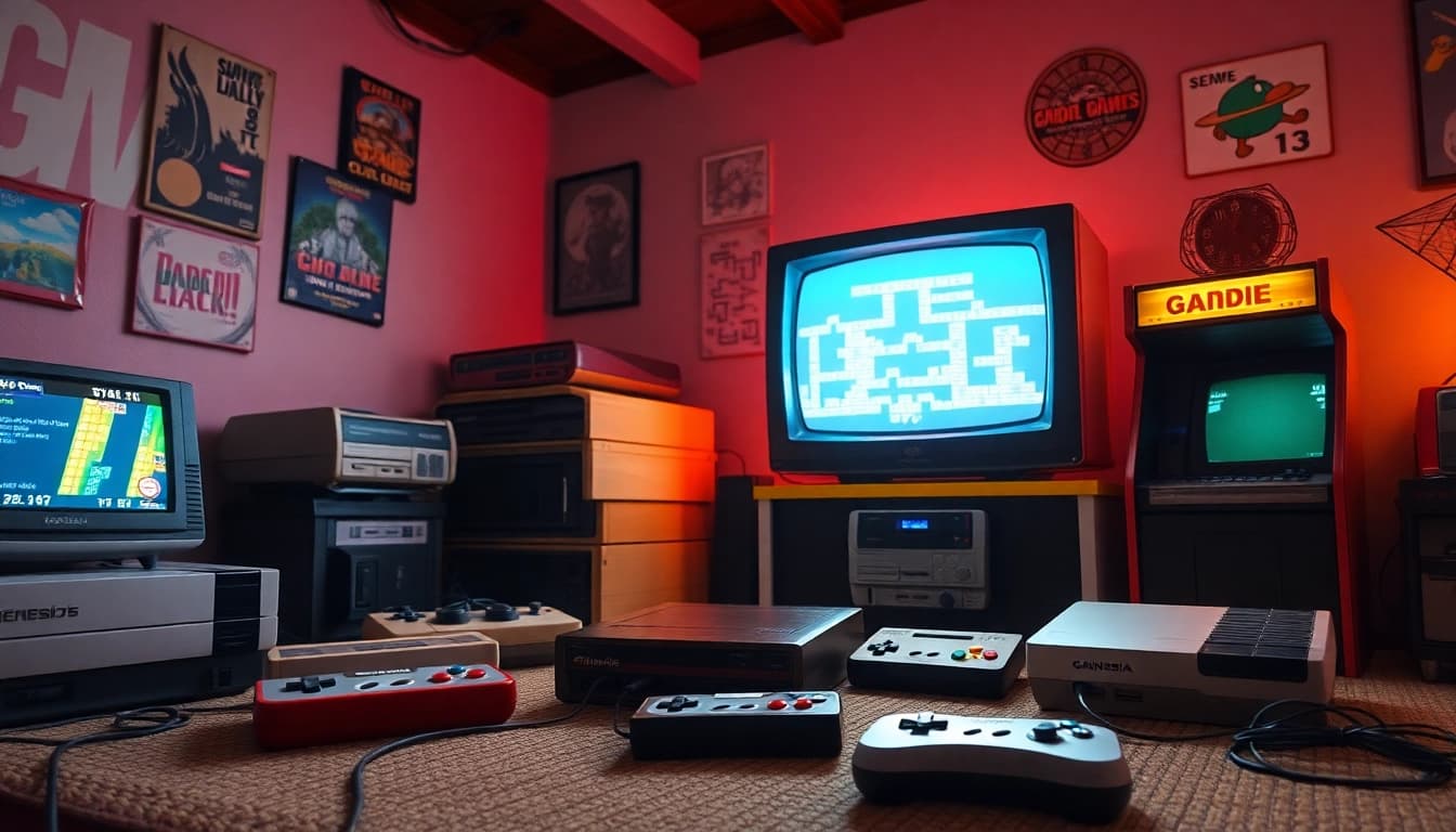 Engaging scene featuring classic games from vintage consoles, evoking nostalgia.