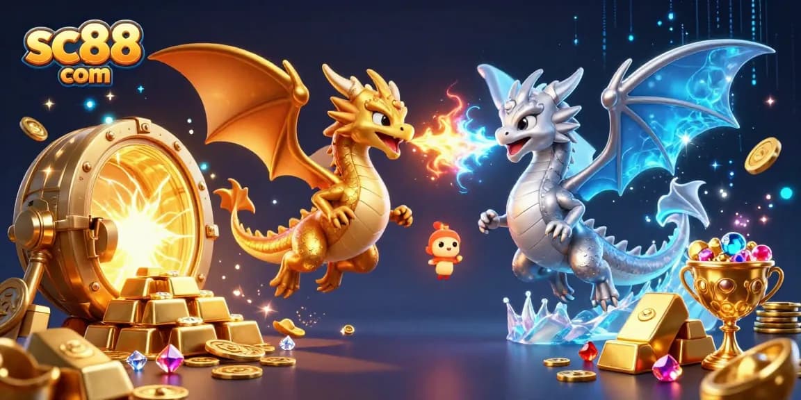 Experience thrilling casino adventures with sc88 com featuring gold and silver dragons amid jewels and treasures.