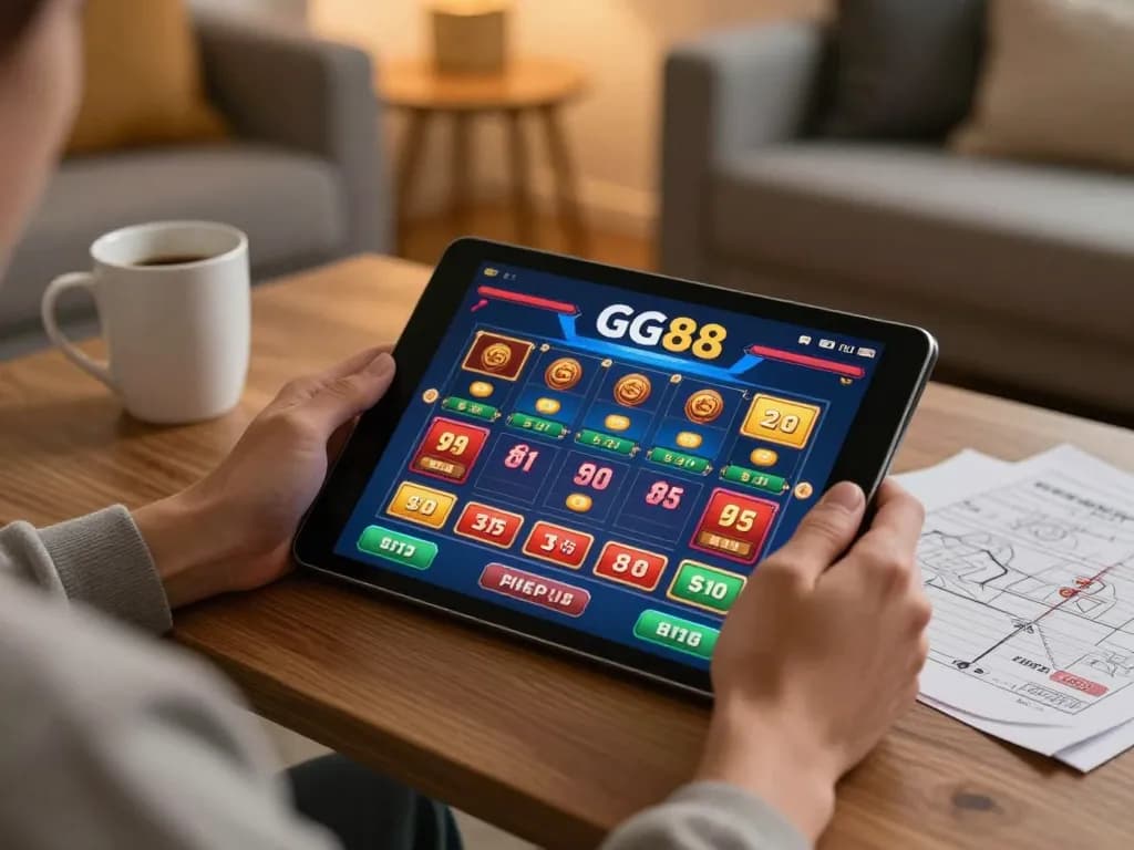 Engaging in GG88 online casino games using a tablet in a cozy living room setting.