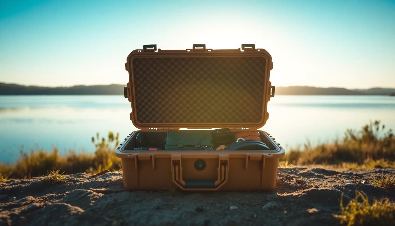 View pelican gun case for sale with camping gear in a scenic outdoor setting.