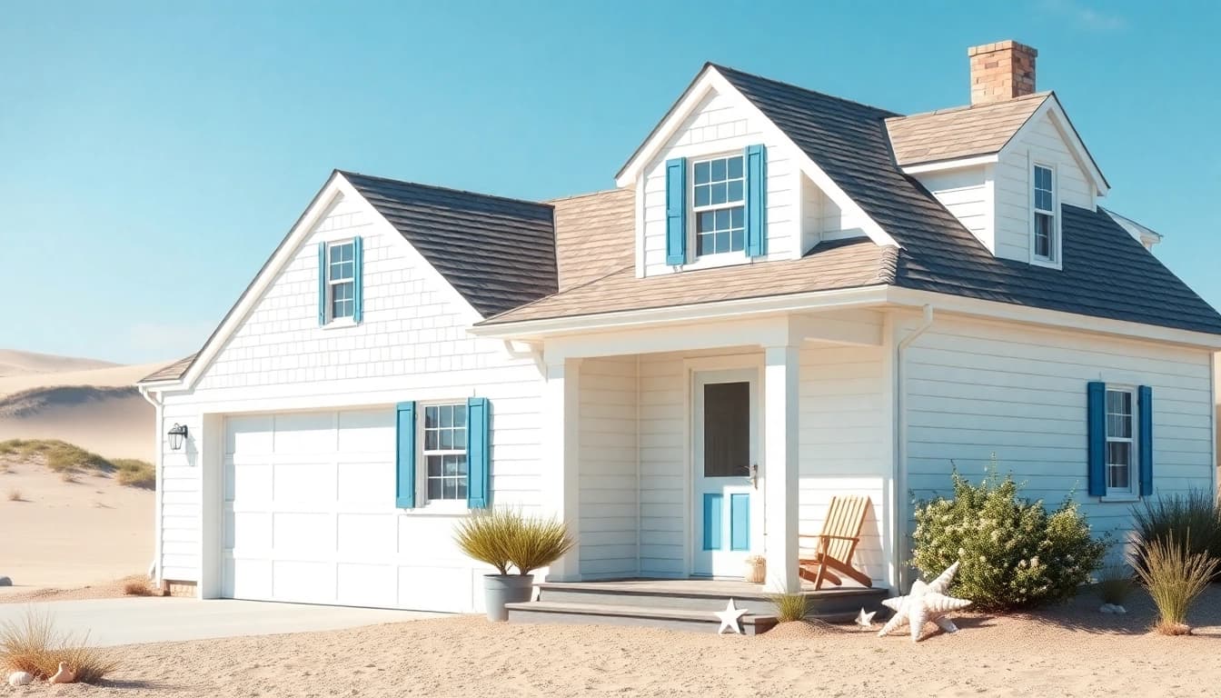 Beautiful Cape Cod homes showcasing an attached garage against a coastal backdrop