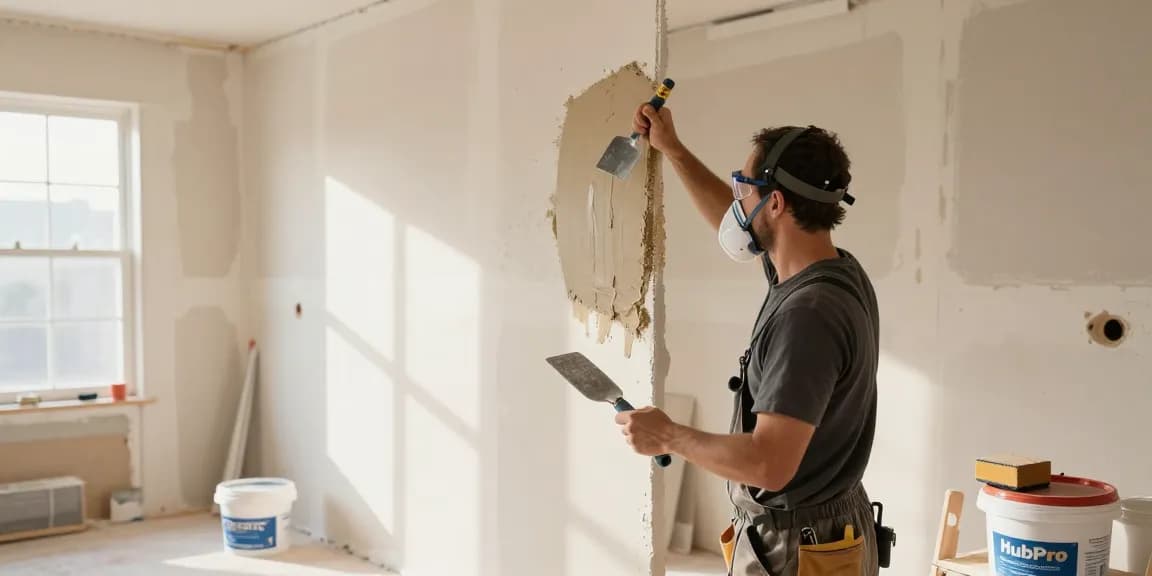 HubPro drywall team member expertly applying drywall mud in a modern home renovation