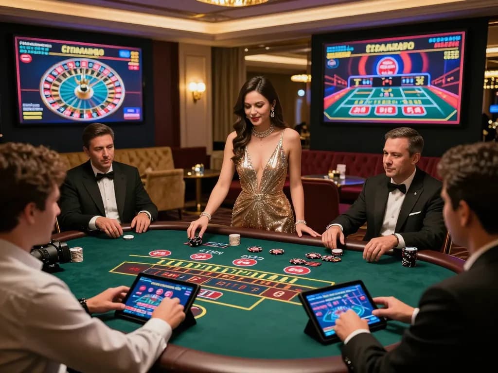 Live online casino experience at https://sc88.casino/ showcasing a glamorous dealer and engaged players in vibrant surroundings.