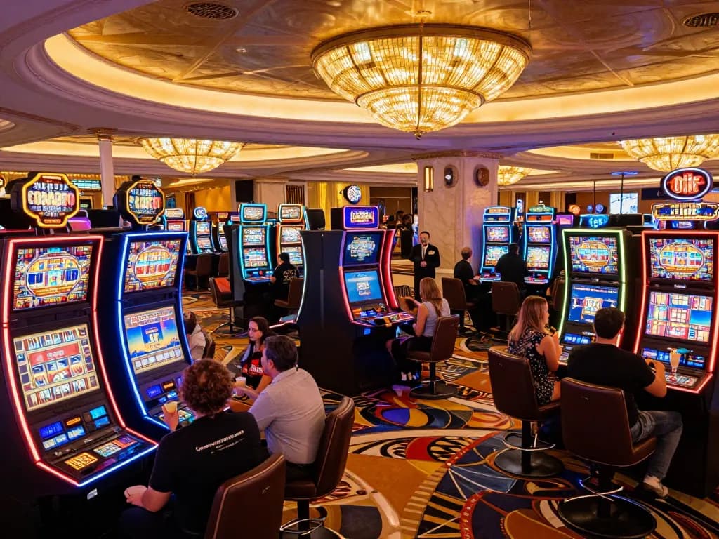 LV88 players engaging with vibrant slot machines in a luxurious casino atmosphere