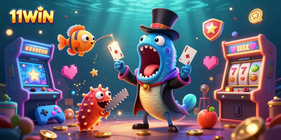 Enjoy thrilling card tricks with 11WIN's deep-sea characters in a vibrant casino illustration.