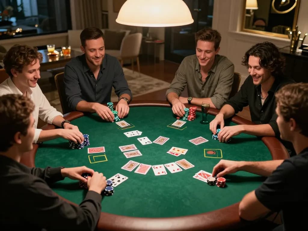 Players at a lively GK88 poker game in a stylish home setting, showcasing intense gameplay and camaraderie.