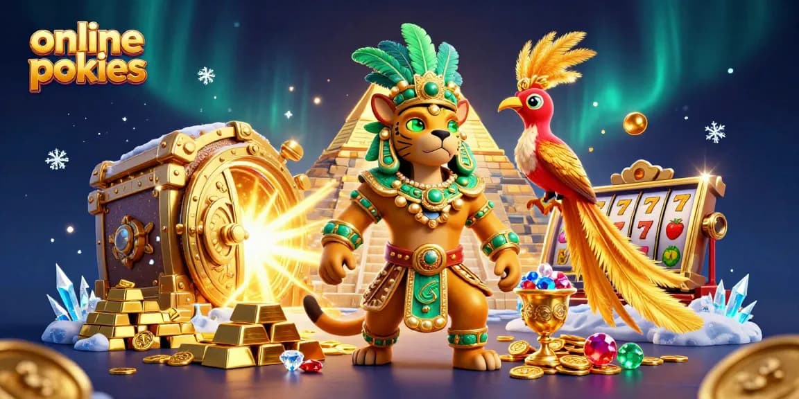 Spin to win with online pokies in this vibrant, detailed 3D scene of Mayan themes.