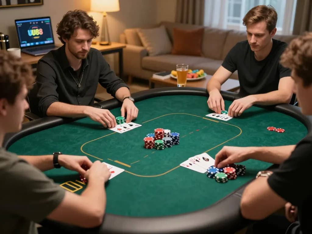 UU88 online poker game in active play, showcasing strategic decisions and player engagement in a cozy home setting.
