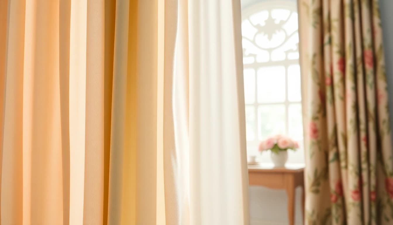Stof voor gordijnen in diverse kleuren en texturen hangt elegant in een helder interieur.