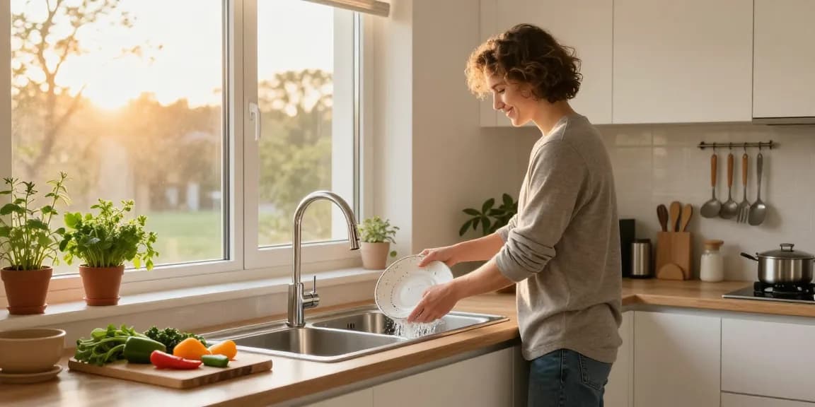 Homeowner washing dishes at a kitchen sink in stainless steel, surrounded by fresh herbs in a modern kitchen.