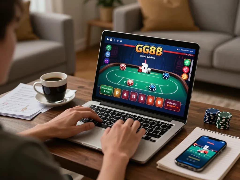 Engaging in GG88 online casino games at home with a laptop and strategy notes.