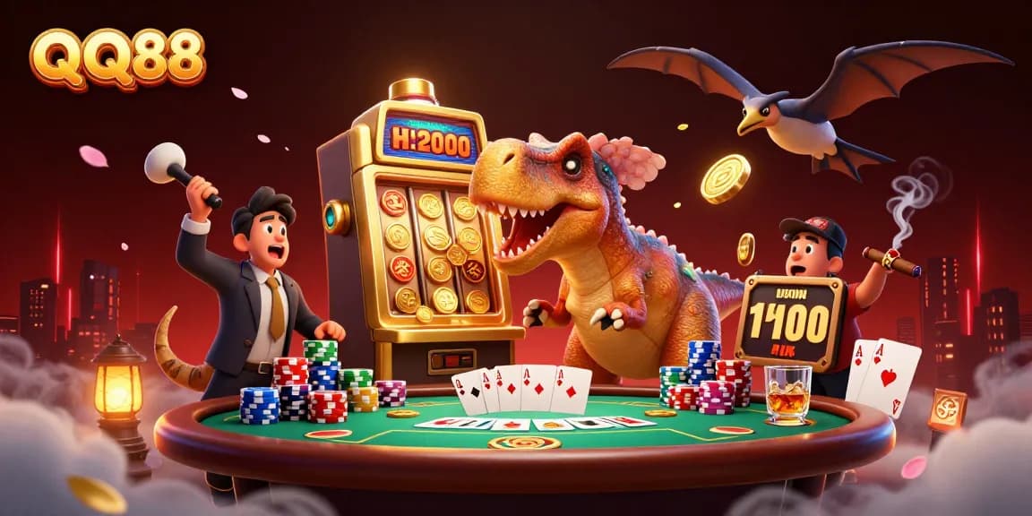 Engage with QQ88 as a cartoon pachycephalosaurus wins jackpot coins, while a panicked ankylosaur reacts in a packed casino scene.
