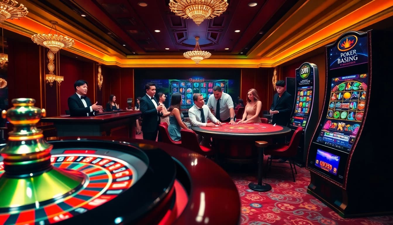 Action-packed scene of players enjoying casino games at https://68vip.one/ with colorful roulette and poker elements.