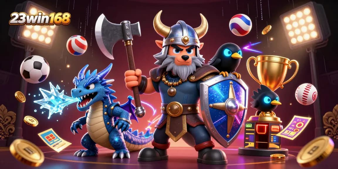 Experience the excitement of 23win168 with a dynamic 3D casino illustration featuring a Viking warrior, dragon, and sports elements.
