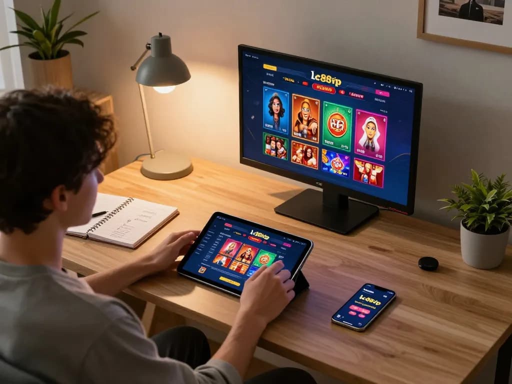 Engaging in lc88vip online gaming on a tablet at a cozy home setup with strategy notes.