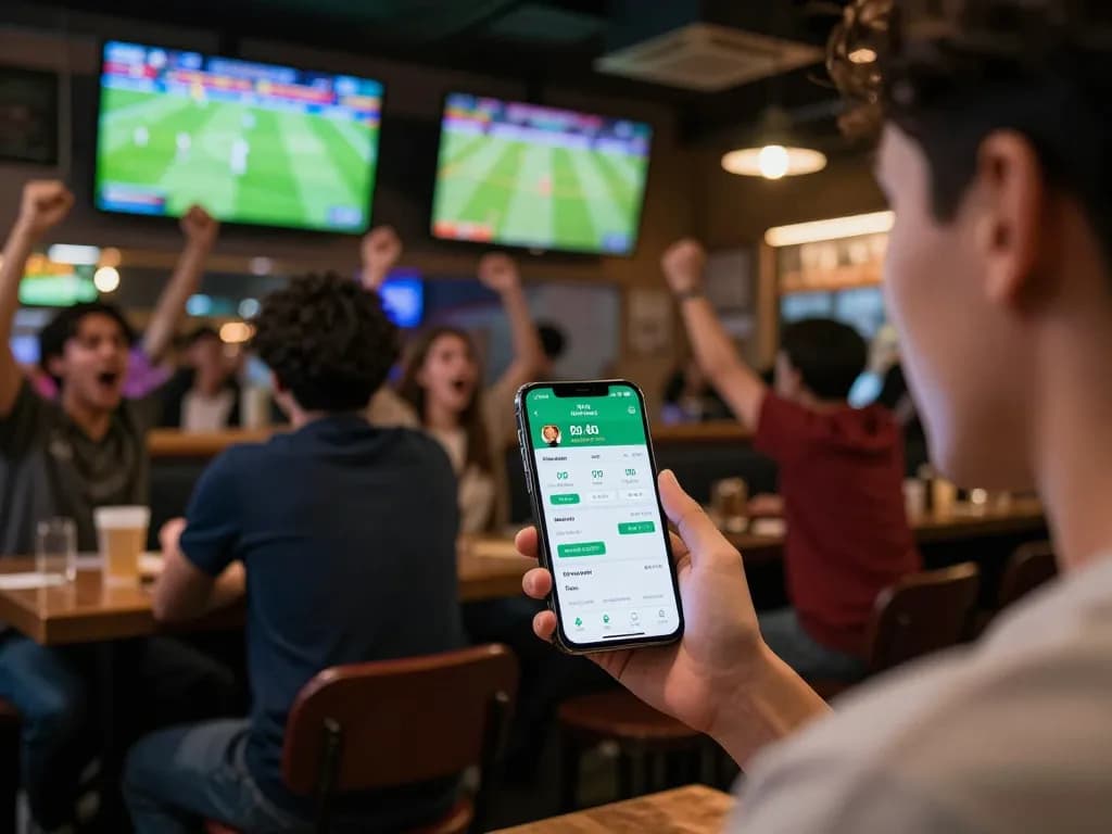 Placing a bet on kèo bóng đá trực tuyến with excitement at a bustling sports bar.