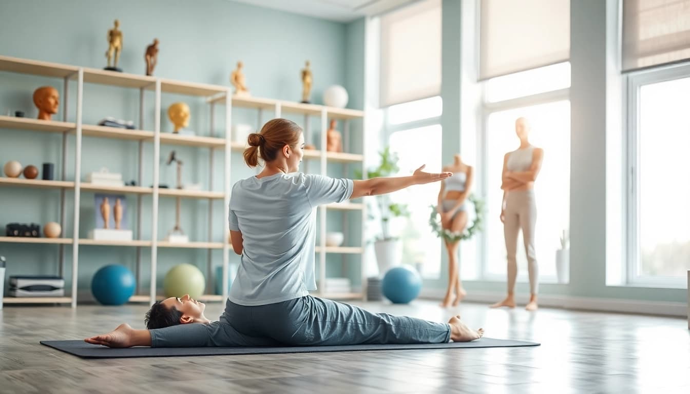 Illustration showing back pain causes with a physiotherapist helping a patient through exercise.