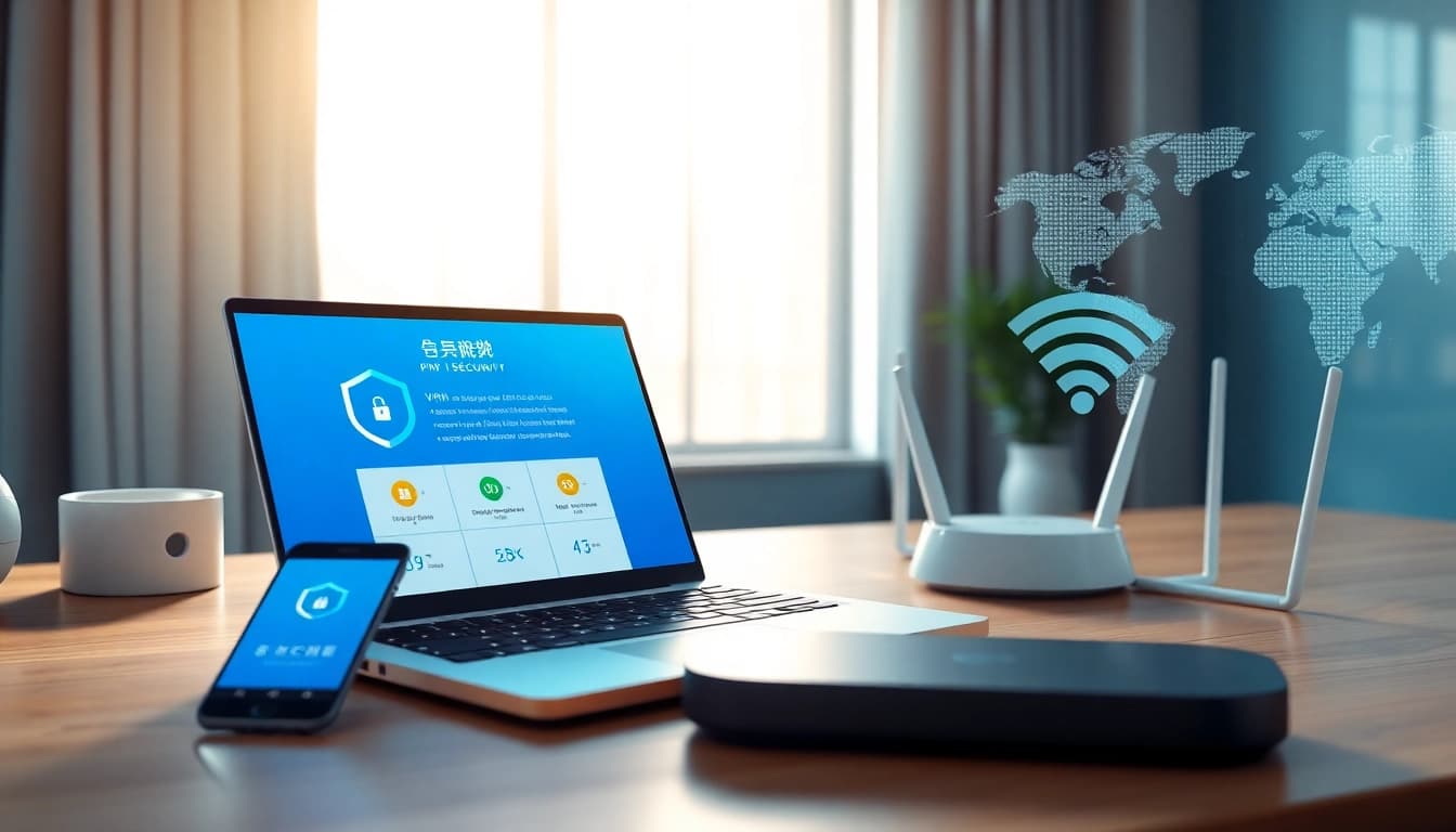 在现代工作空间的柔和灯光下，笔记本电脑屏幕显示的快连下载 VPN 应用程序及其功能。
