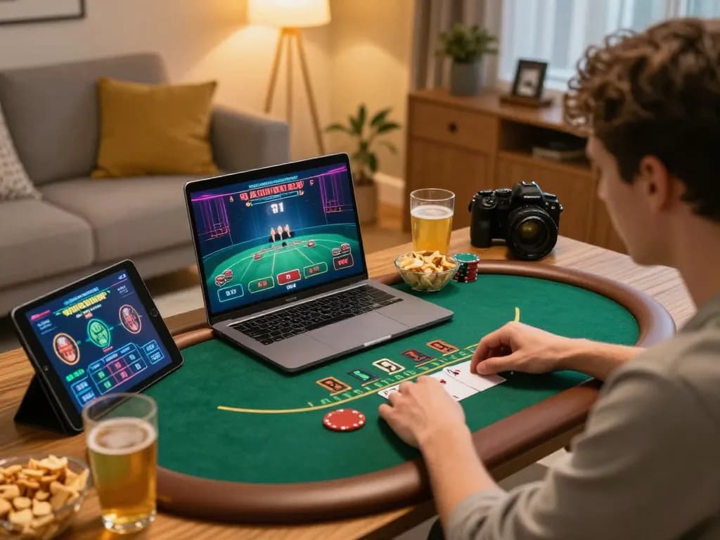 Player enjoying an online blackjack game at home, highlighting bj88bj's engaging gaming experience.