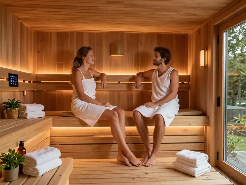 Intimate sauna customization scene with cedar wood interior, couple relaxing together in a tranquil environment.