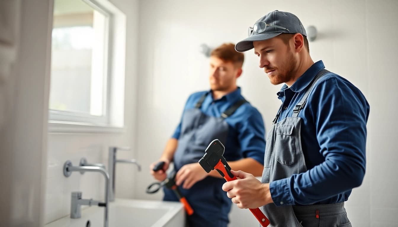 Plumber near me repairing a leaky pipe in a bright bathroom setting.