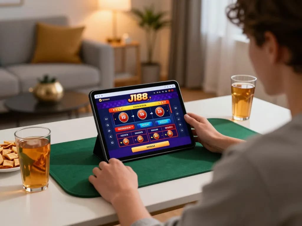 Engaging in online gaming at J188 casino platform on a tablet in a cozy setting