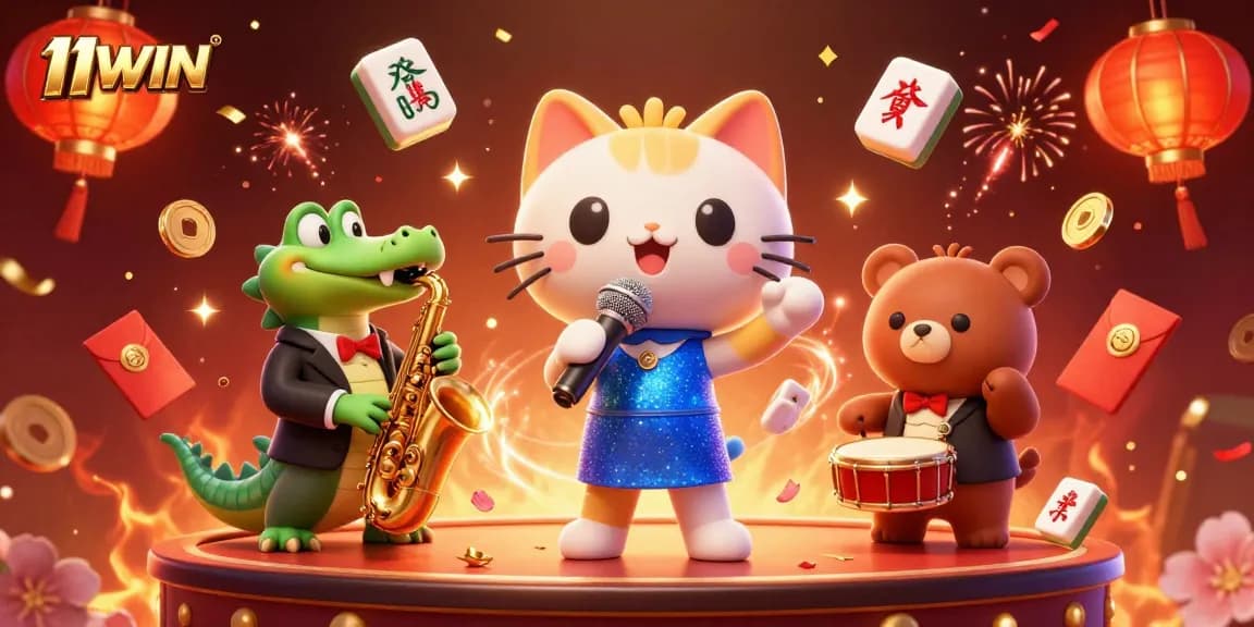 Immerse in the vibrant 11WIN casino scene with lively characters and festive game elements.