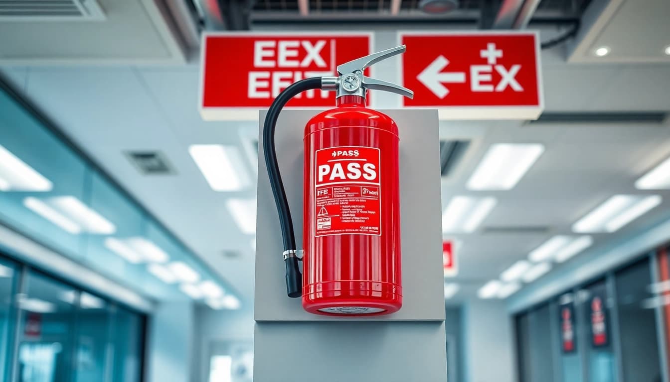 Showcasing a pass fire extinguisher mounted in a bright office setting, emphasizing safety and readiness.