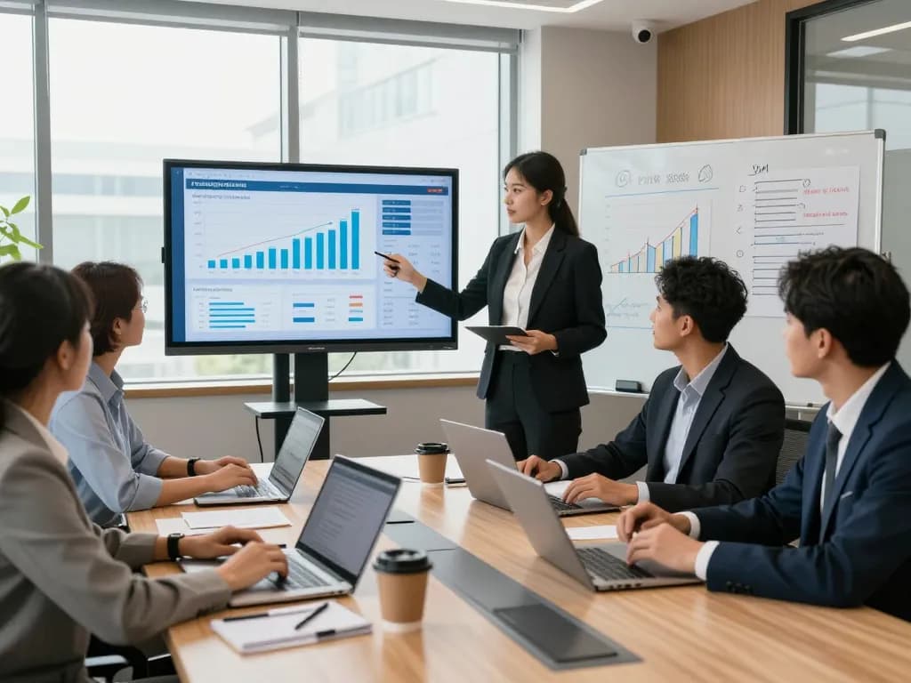 Chartered accountants collaborating in a modern office meeting, browse around this site for financial insights.