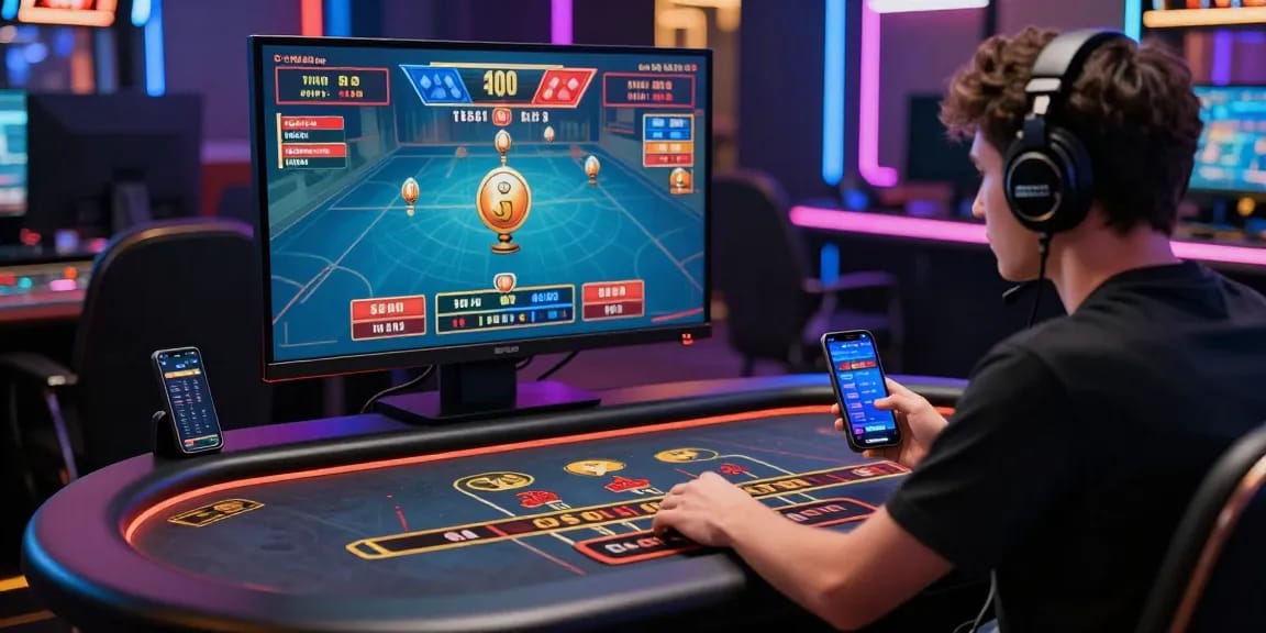 Playing บาคาร่า online at a modern digital casino with engaging statistics and vibrant neon background.