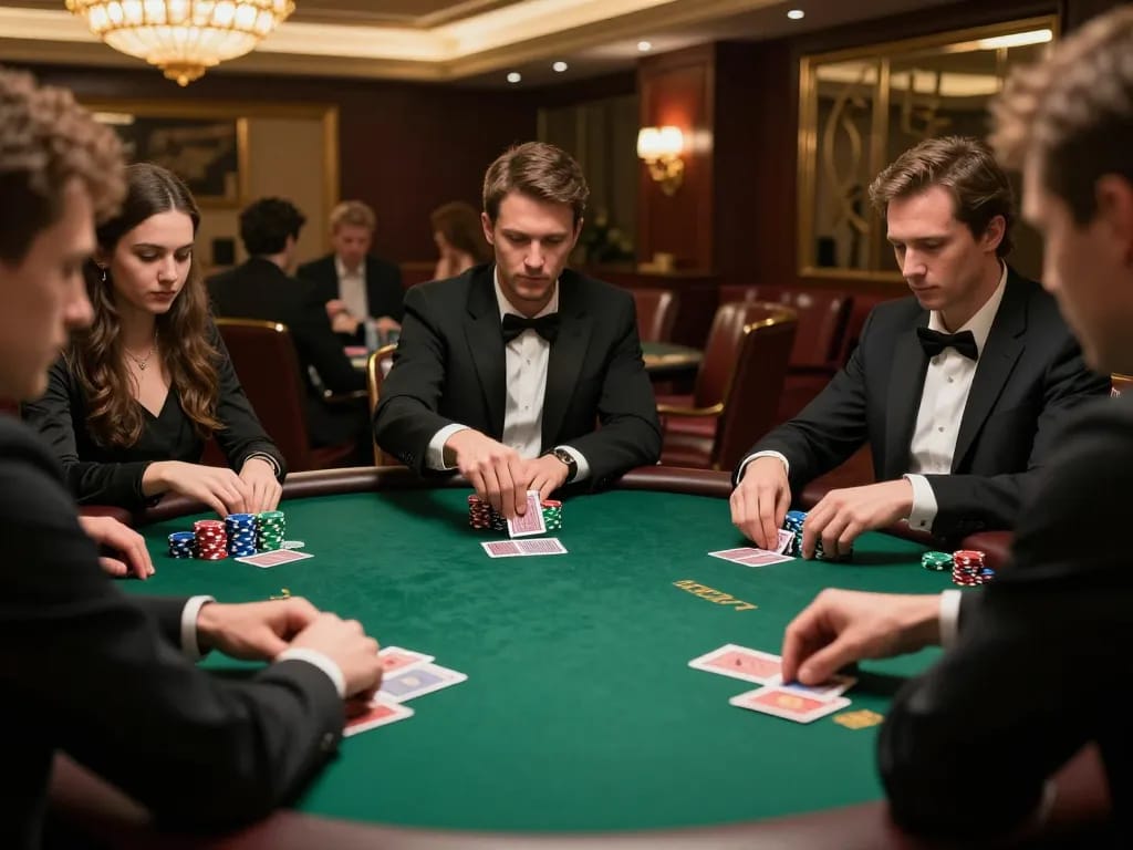 mb668 poker players engaged in high-stakes gameplay at a luxurious casino table with colorful chips