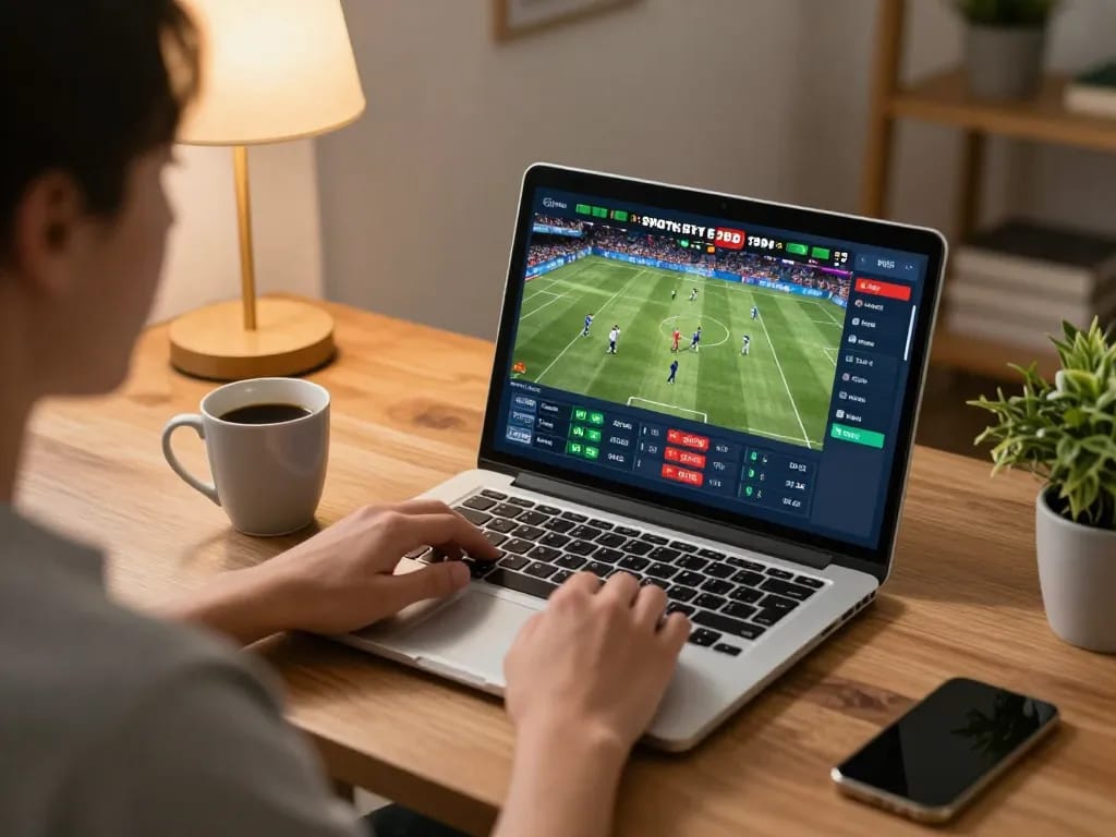 Cá cược Xo88 player engaging in sports betting from home with live betting interface on laptop