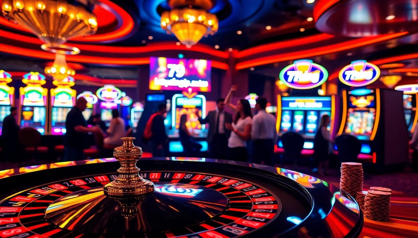 Experience thrilling wins at https://79kingvip.autos in an energetic casino scene filled with vibrant roulette tables and poker chips.