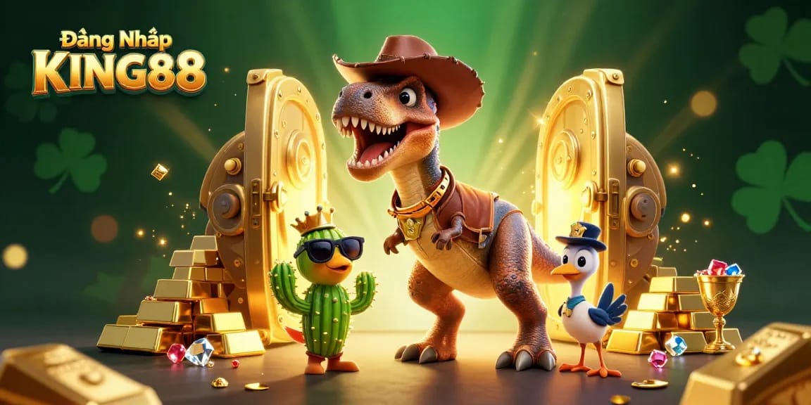 Experience excitement with Đăng Nhập KING88, featuring a cartoon T-Rex cowboy in a colorful casino setting.