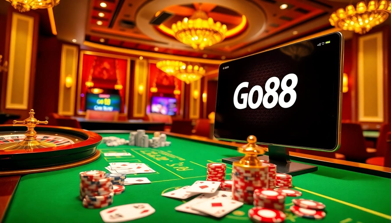 Engage with the luxury of online gambling at https://go88app.cn.com/, showcasing a vibrant casino scene with roulette wheels and poker chips.