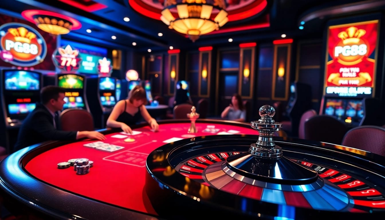 Experience the thrill of PG88 poker action with vibrant gaming tables and colorful poker chips.