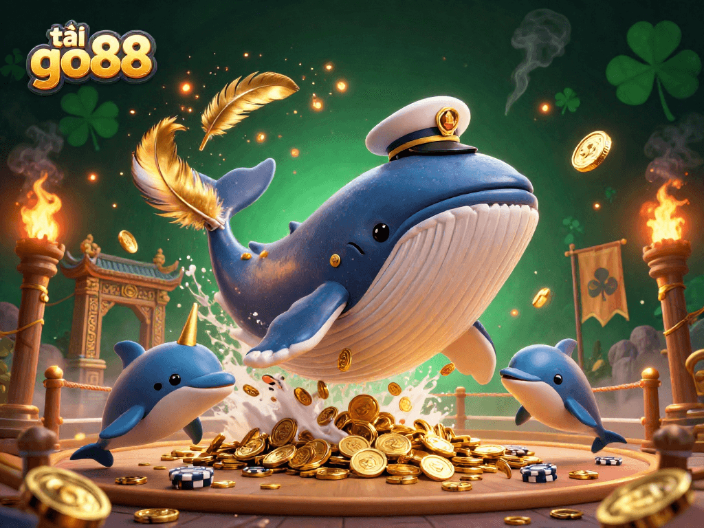Experience the excitement and thrill as you tải go88 while encountering a stunning whale, narwhal, and playful dolphins in a vibrant casino scene.