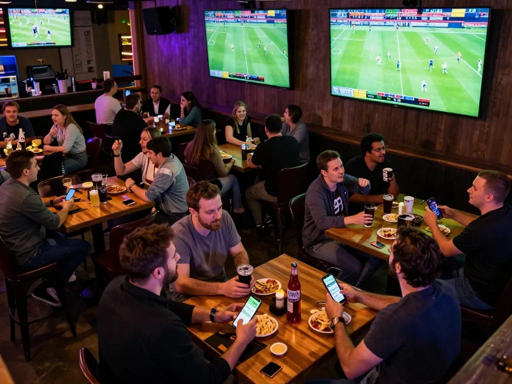 Viewing live football matches and betting with excitement at a crowded sports bar.