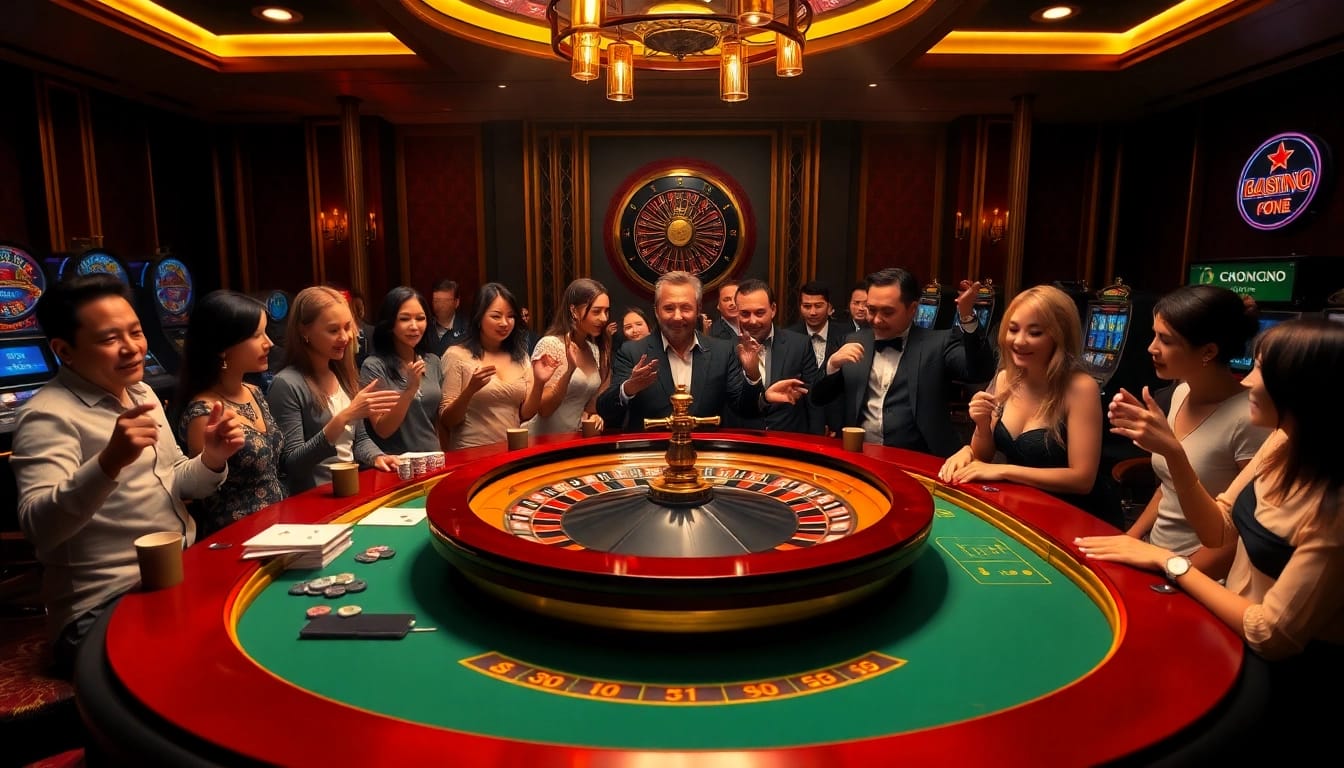 A vibrant casino scene at https://xin88ac.app/ showcasing diverse players excitedly engaging at a roulette table.