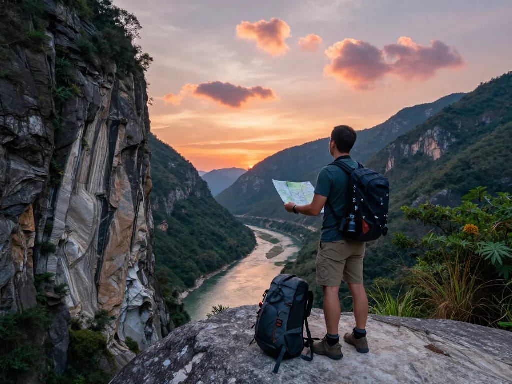 Expansive view of Taroko Gorge National Park at sunset, showcasing marble cliffs and a hiker planning their adventure.