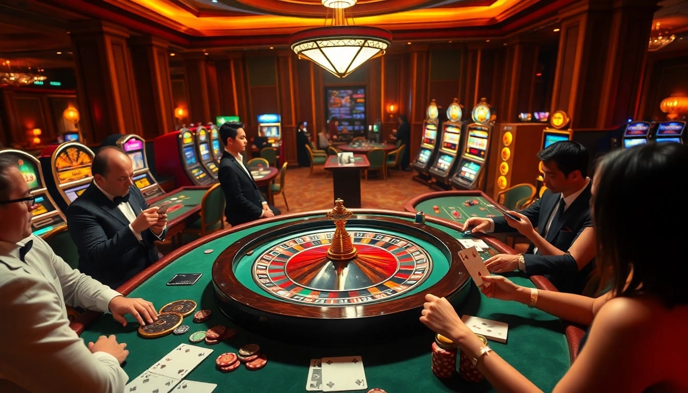 Experience thrilling gameplay at thabett.io with an elegant casino setting filled with exciting gambling activities.